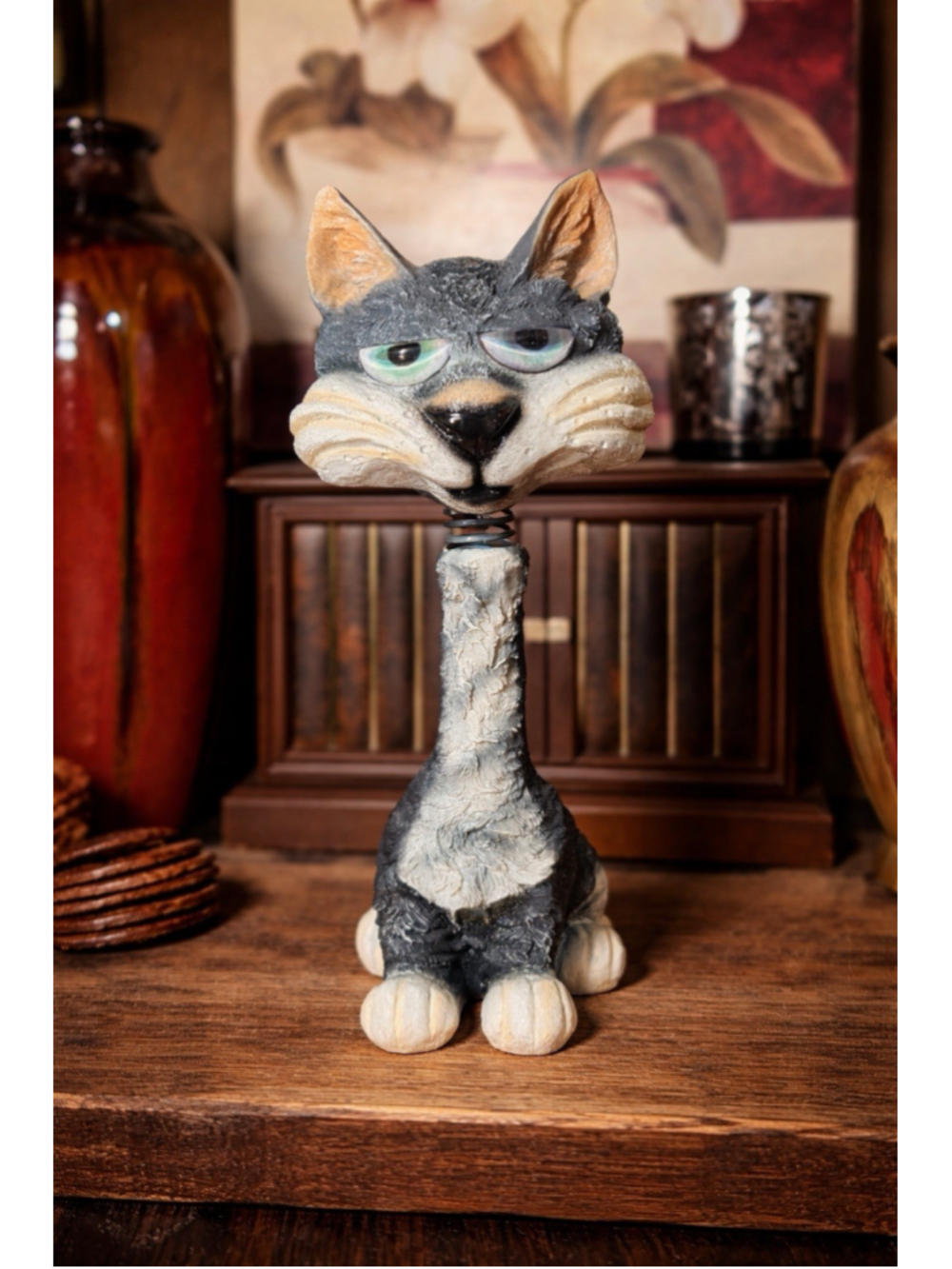 Vintage Bobblehead Cat Figurine 12” Tall Gray White Resin Animal Decor